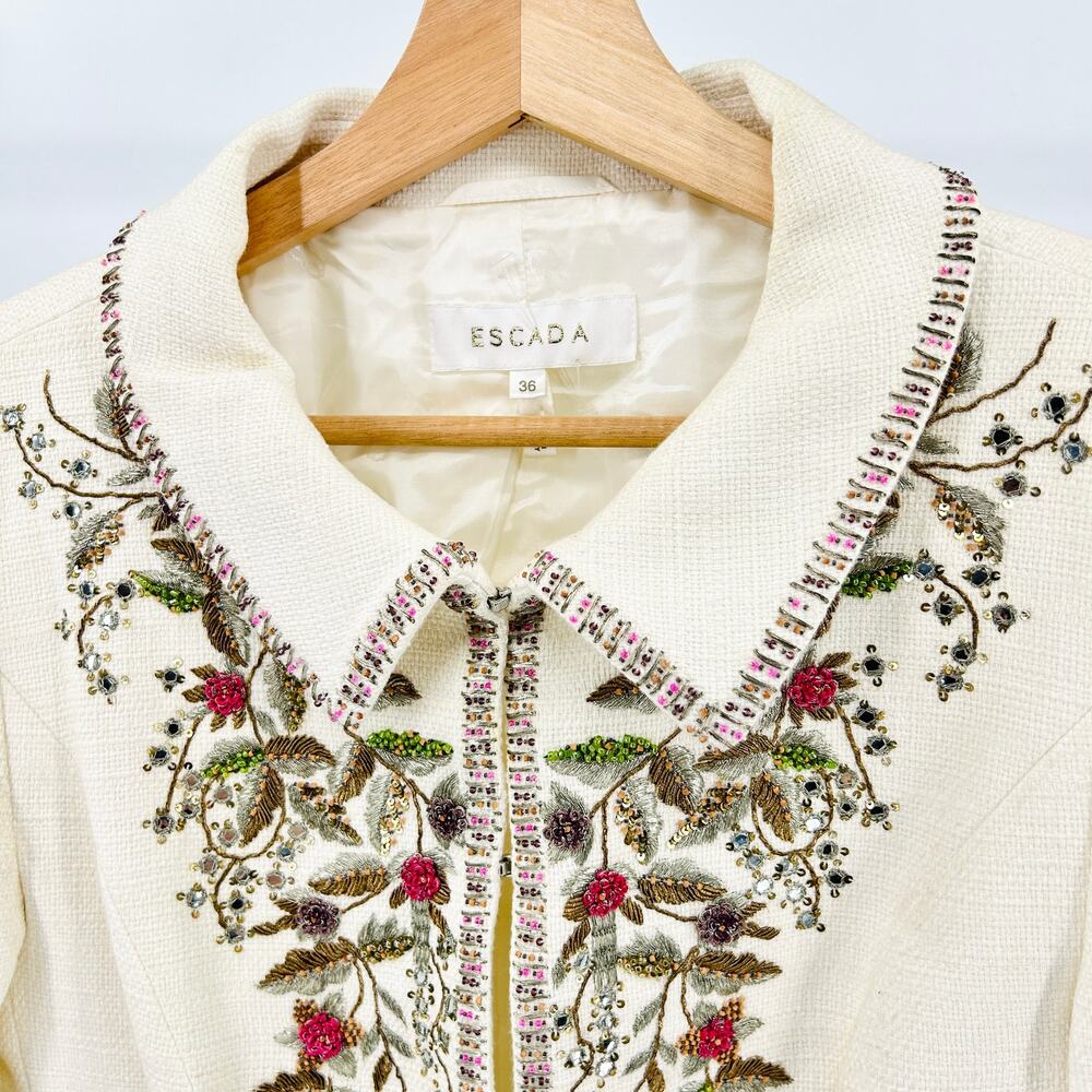 Vintage 90s Escada Ivory Elegant Cream Beaded Linen Cotton Skirt Suit - Picture 2 of 10